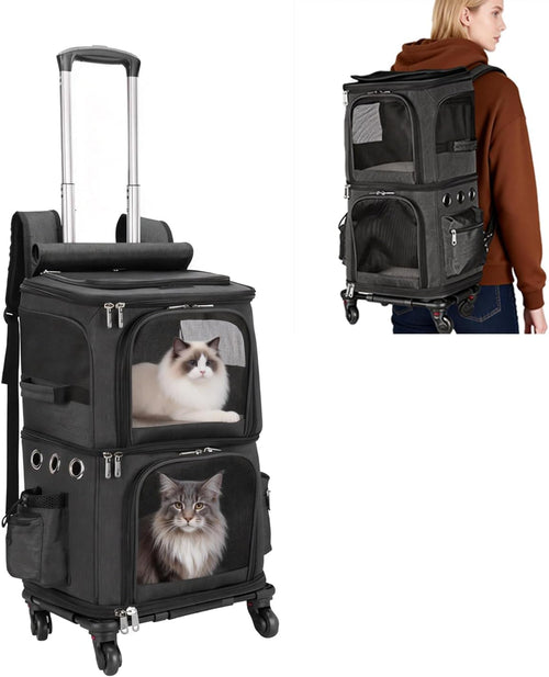 2-in-1 Rolling Pet Carrier Backpack – Double-Compartment Travel Carrier for Cats & Small Dogs