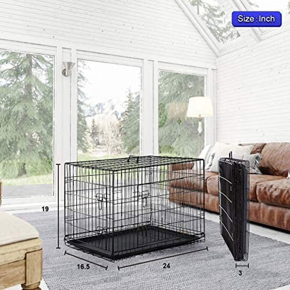 24 Inch Black Foldable Metal Double Door Dog Crate with Divider Removable Tray for Small Dogs