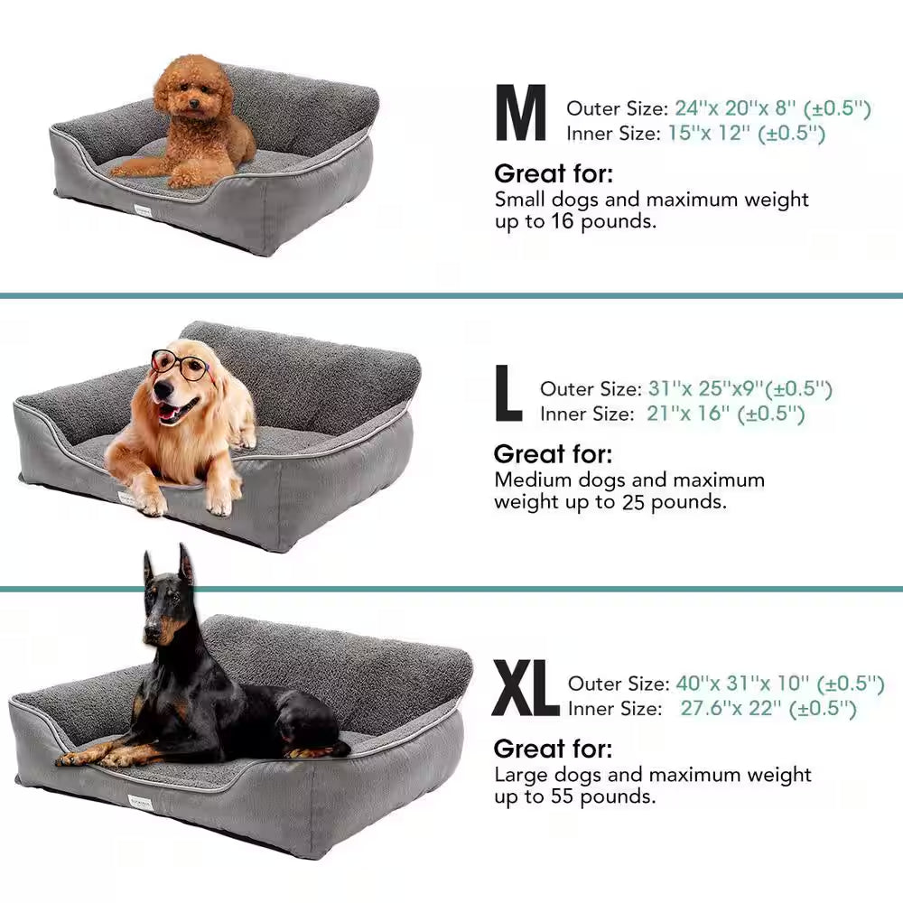 Washable Large Grey Dog Bed with Bolster