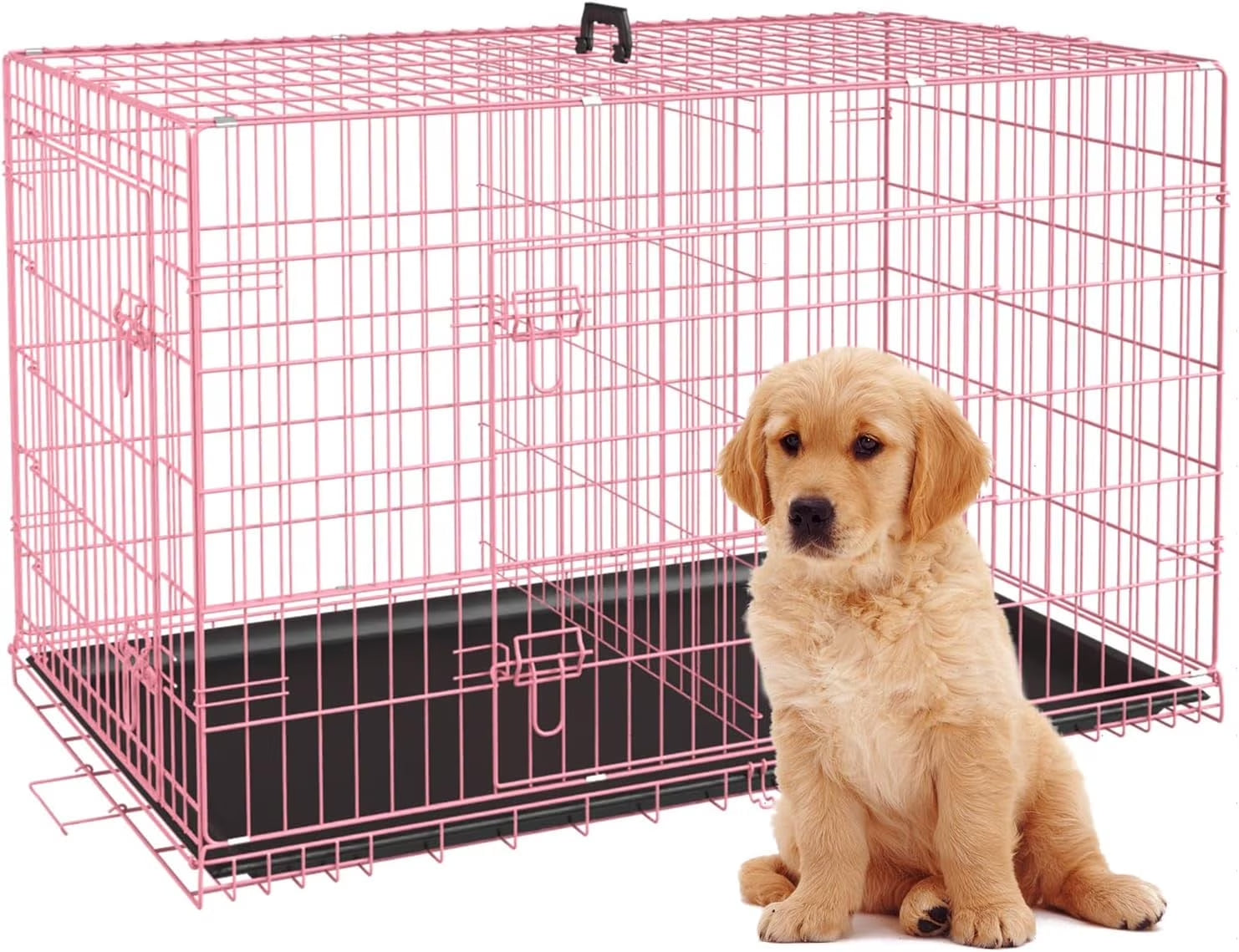 24 Inch Foldable Metal Dog Crate for Small Dogs, Double Door, Divider, Removable Tray(Pink)