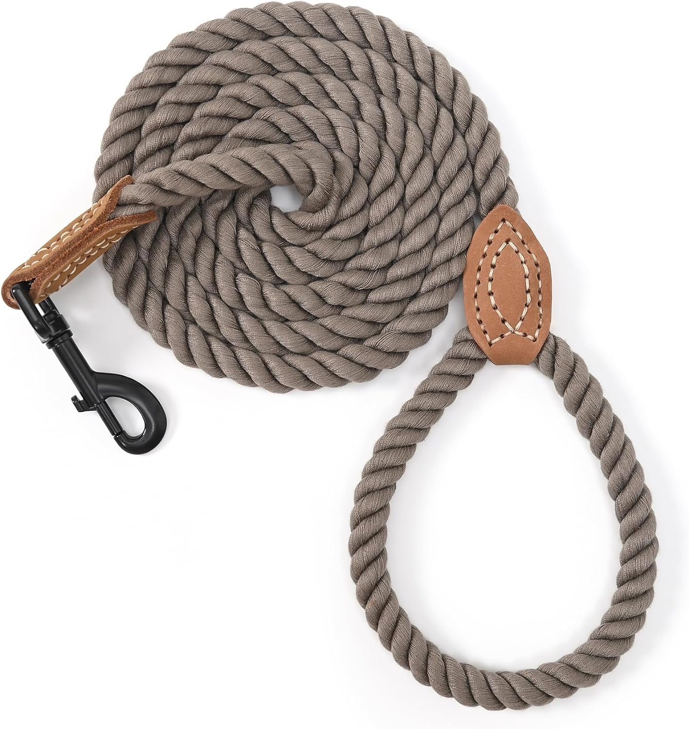 Dog Leash, Braided Cotton Rope Leashes with Leather Tip - Heavy Duty Metal Clasp, 4FT, 1/2" Thick- Dark Brown