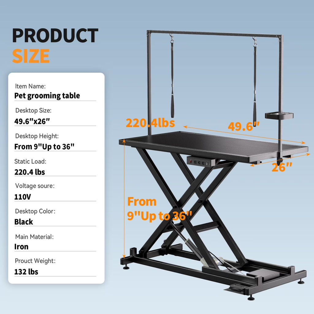 Heavy-Duty Electric Lift Dog Grooming Table with Leveling Wheels & Non-Slip Surface – Black