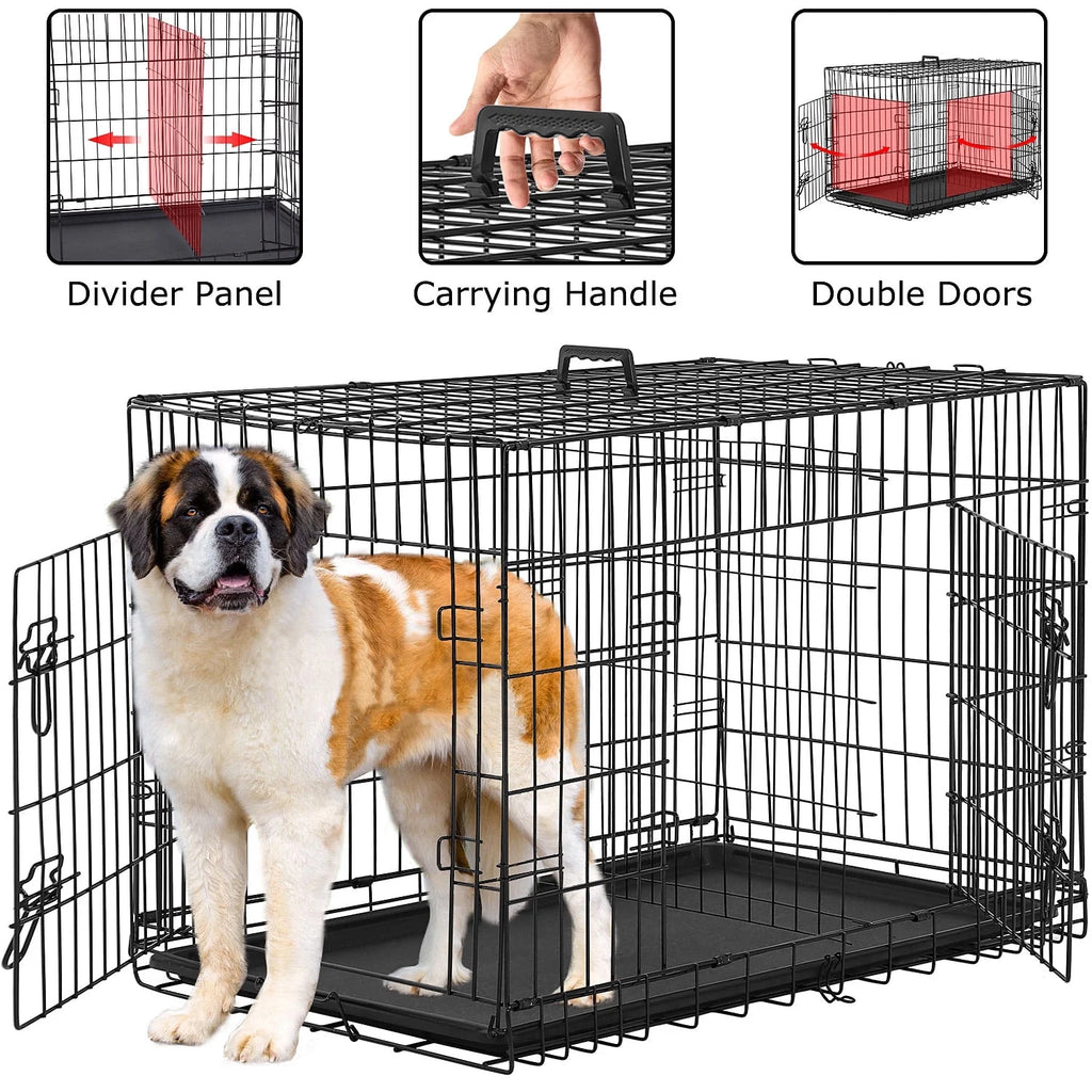 36" Foldable Double-Door Dog Crate – Heavy-Duty Metal Kennel with Removable Tray for Medium Dogs (Black