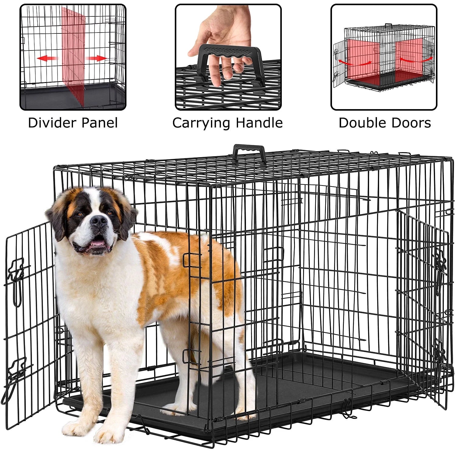 36" Foldable Double-Door Dog Crate – Heavy-Duty Metal Kennel with Removable Tray for Medium Dogs (Black