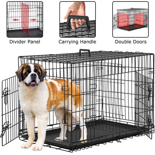 36" Foldable Double-Door Dog Crate – Heavy-Duty Metal Kennel with Removable Tray for Medium Dogs (Black