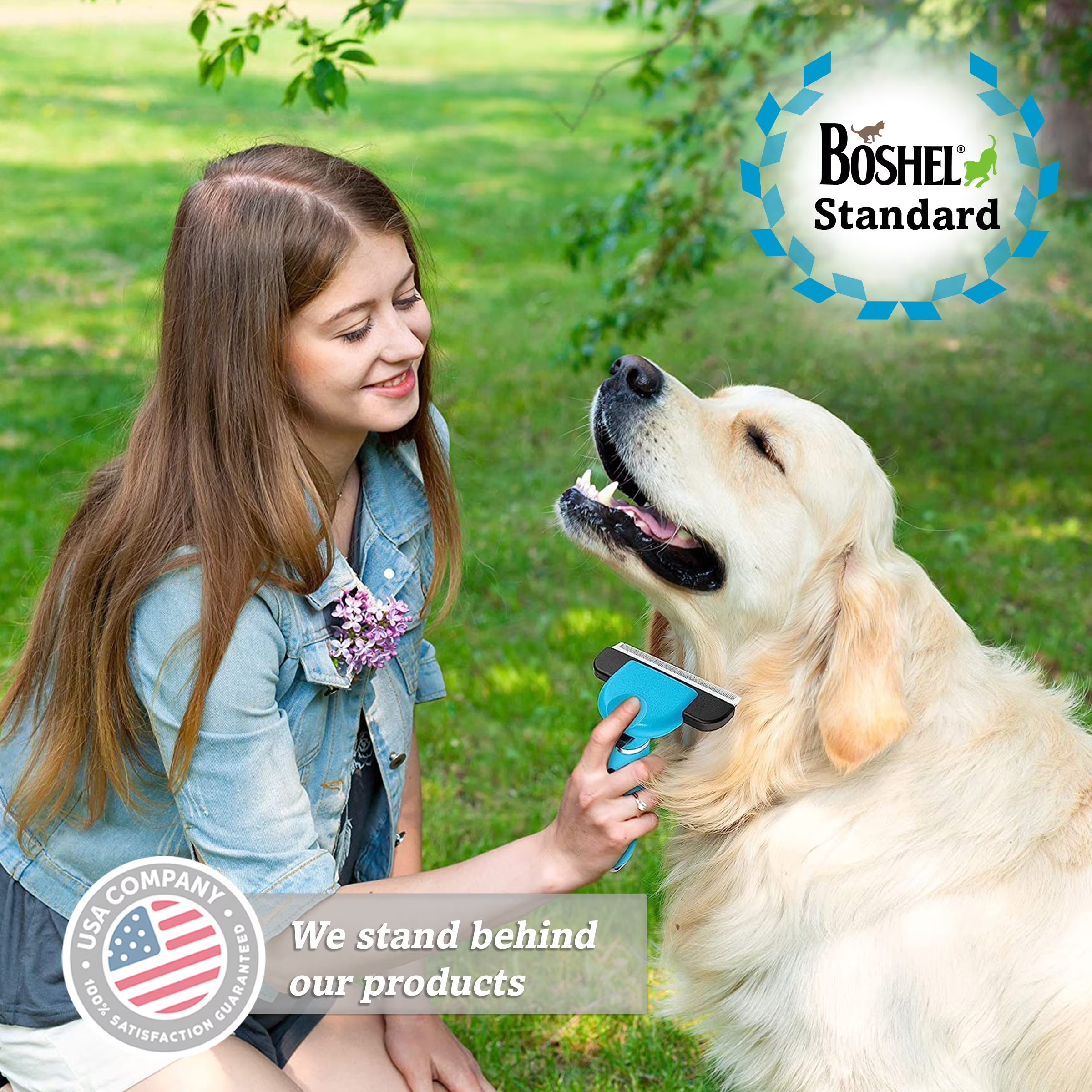 Ergonomic Grooming Brush for Dogs & Cats - Reduces Shedding - Easy Clean Anti-Slip Handle - Deshedding Tool