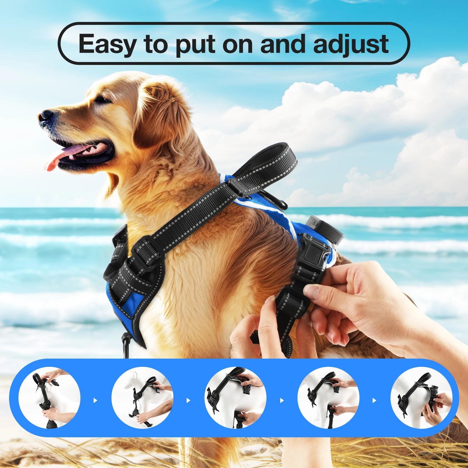 MASBRILL LED Light-Up Dog Harness Blue Large – Rechargeable No-Pull Reflective Harness for Night Walking