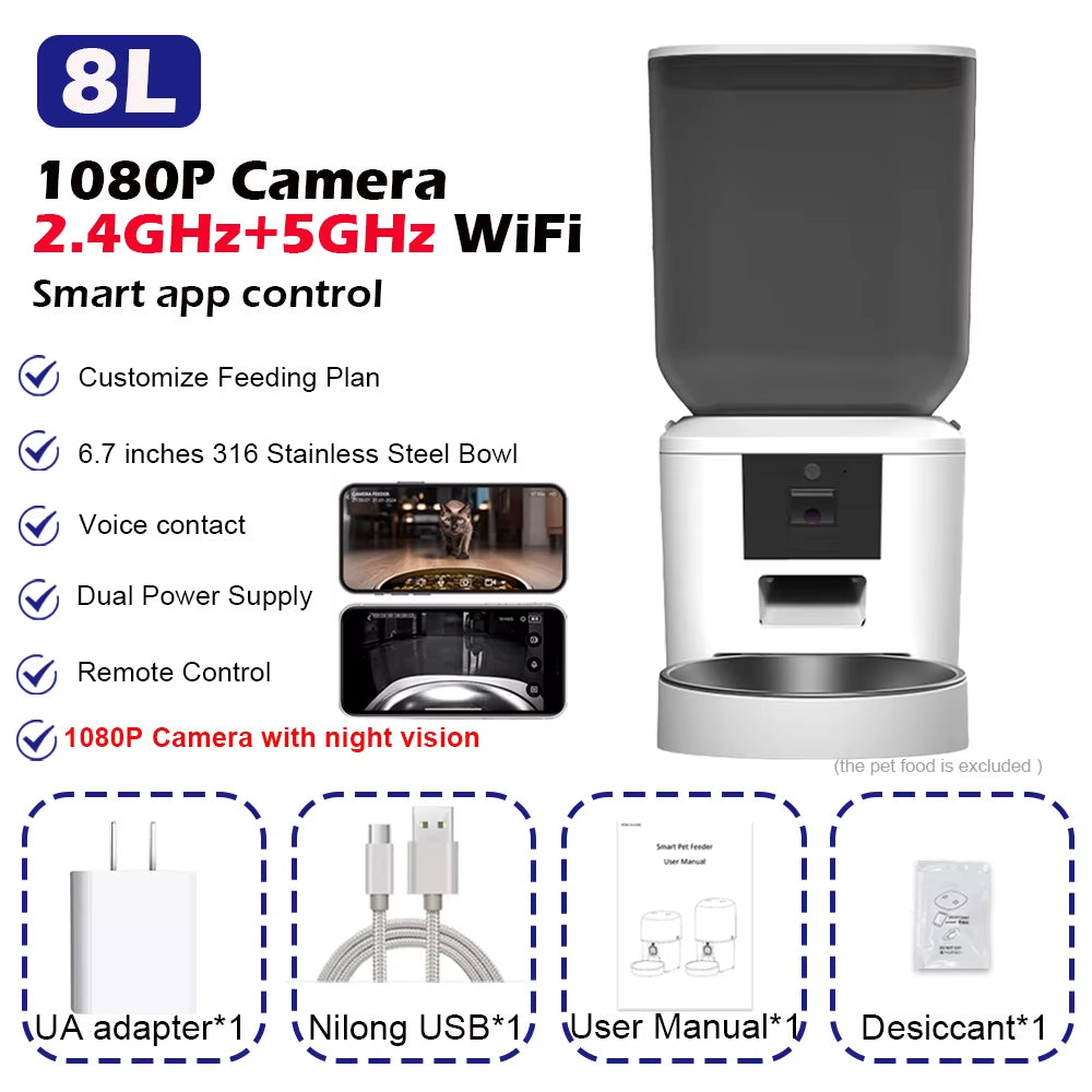 5G Smart Automatic Pet Feeder with 1080P HD Camera, WiFi Control & Voice Recorder