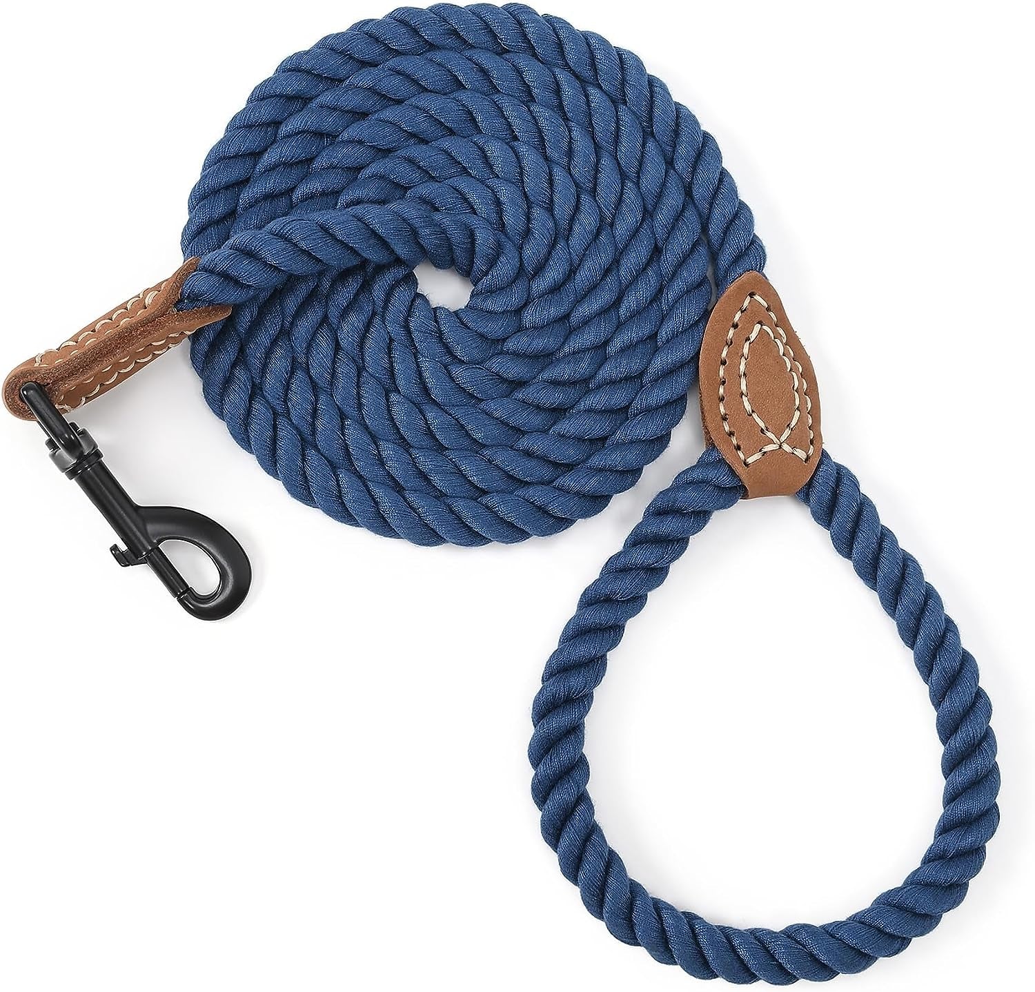 Dog Leash, Braided Cotton Rope Leashes with Leather Tip - Heavy Duty Metal Clasp, 4FT, 1/2" Thick- Dark Brown