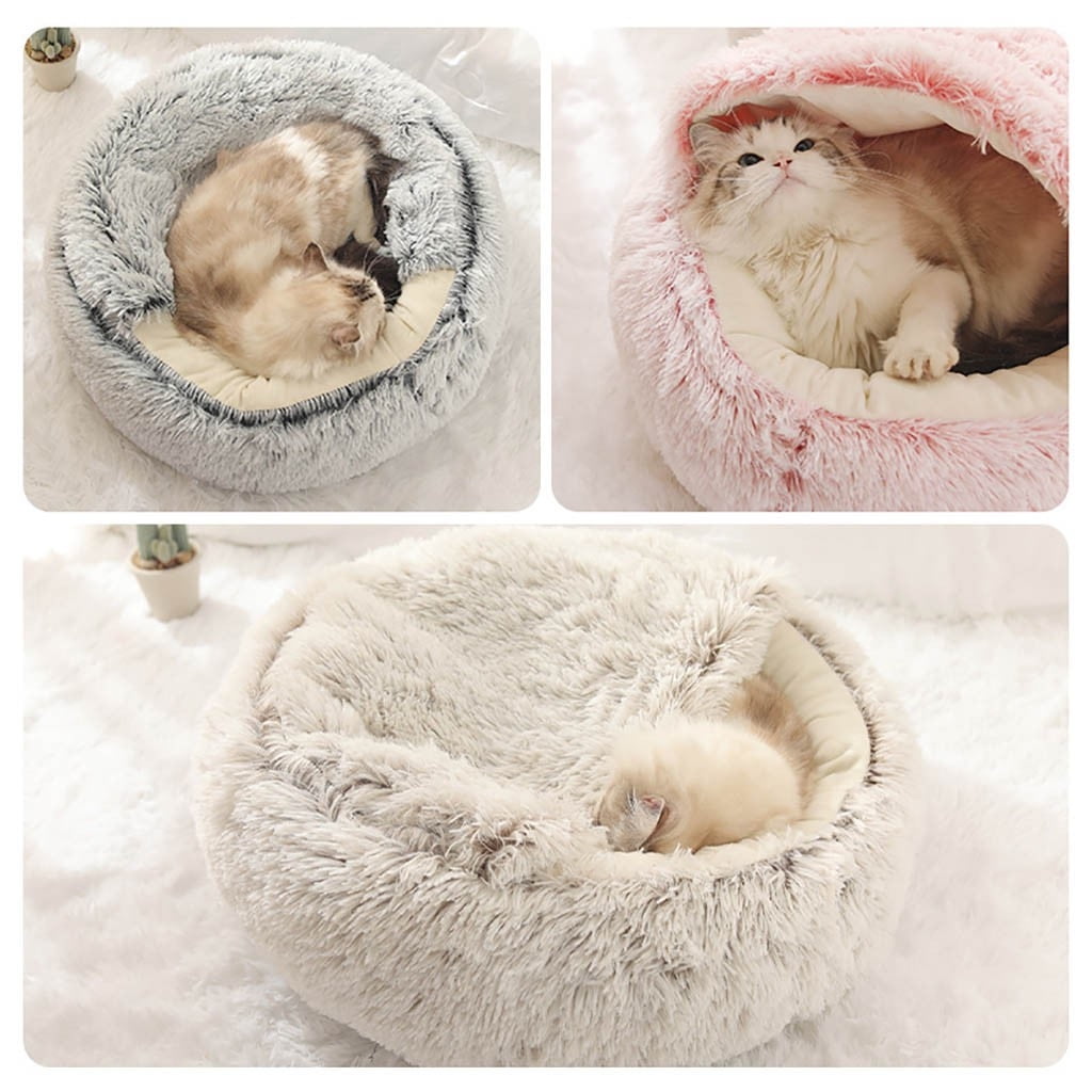 Plush Calming Pet Bed – Soft Round Sleeping Bag Bed for Indoor & Outdoor Cats and Small Dogs | Warm Cozy Winter Pet Bed
