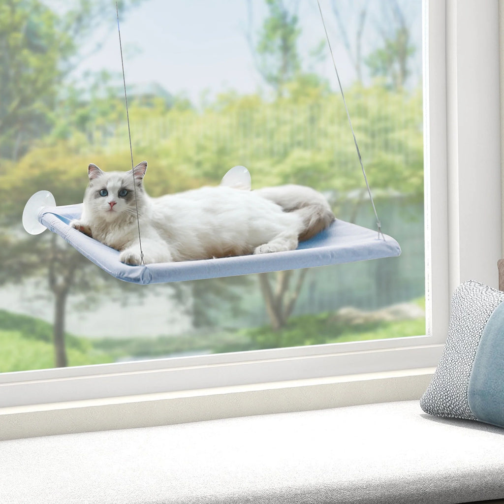 Window Cat Hammock Bed – Suction Cup Hanging Cat Window Perch for Indoor Cats | Cozy Window Sill Lounger – Blue