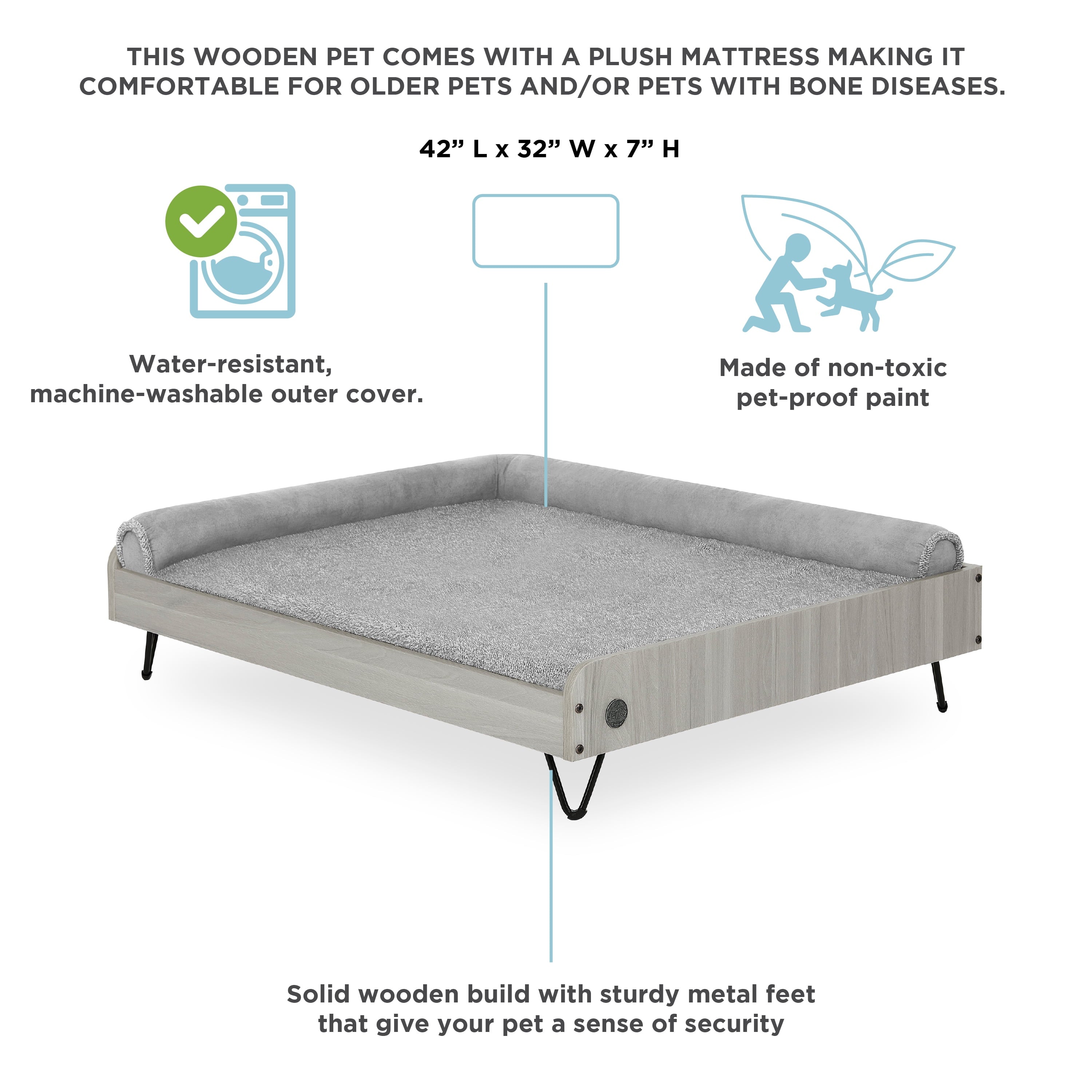 Asher Elevated Wooden Pet Bed with Mattress – Luxury Large & XL Dog Bed | Greenguard Gold Certified Modern Pet Furniture