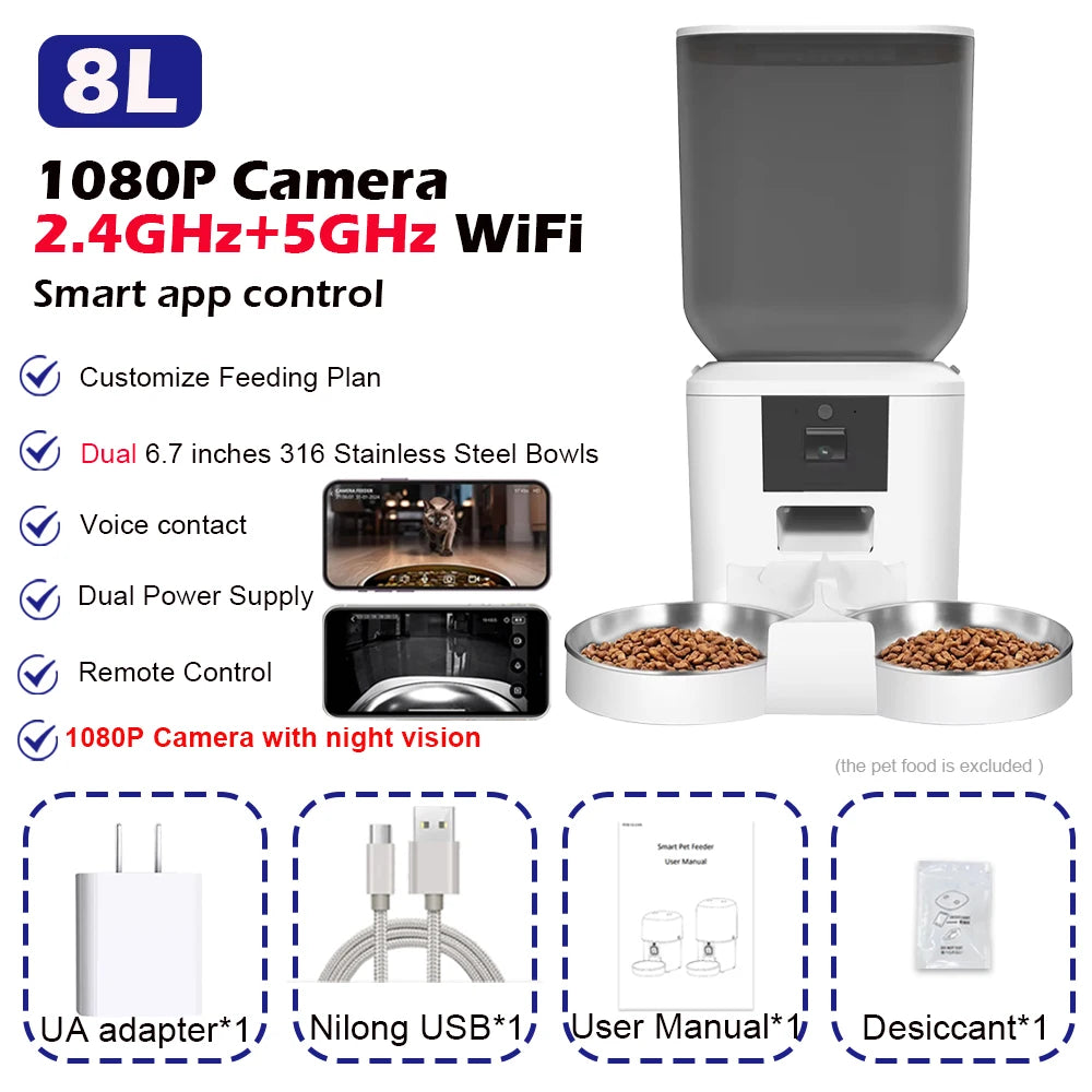 5G Smart Automatic Pet Feeder with 1080P HD Camera, WiFi Control & Voice Recorder