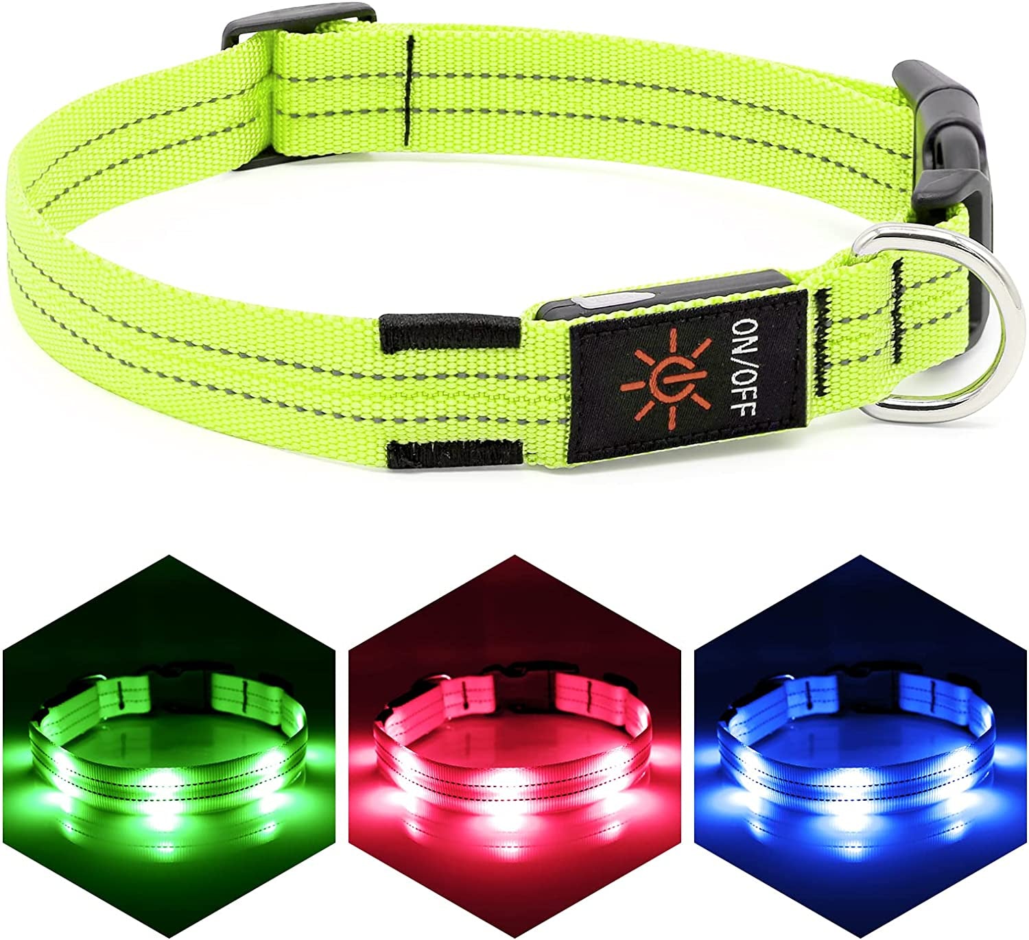 Vizpet Led Dog Collar, Rechargeable Light up Collar, Waterproof Flashing Light Basic Dog Collars, Super Bright Night Safety (Green, Large)