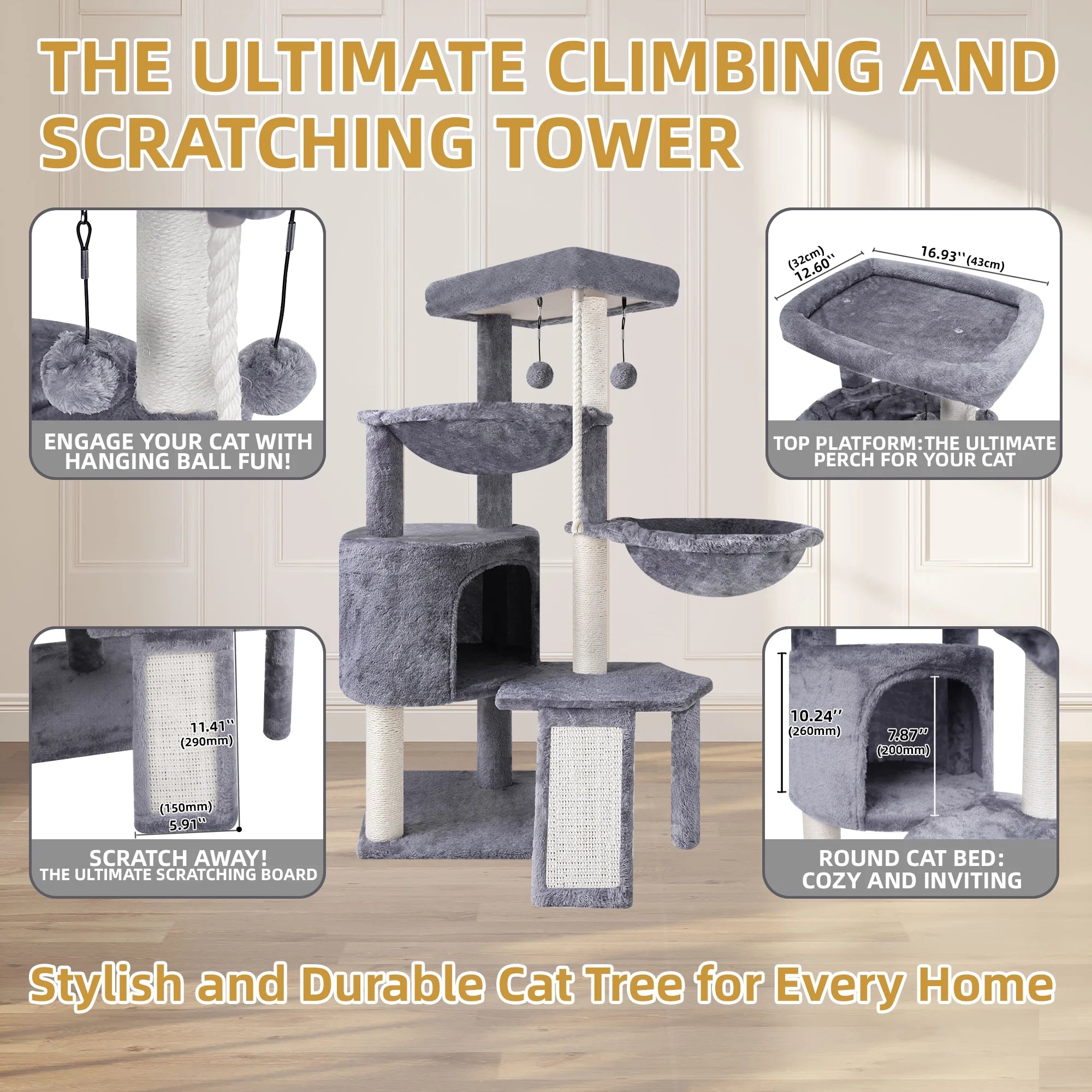 Cat Activity Tower with Condo, Climbing Platforms & Two Hammocks – 37.4 Inch Gray