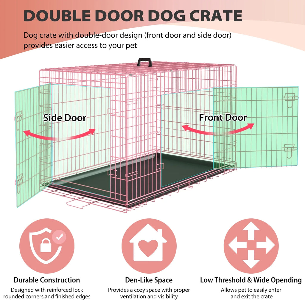 48" Foldable Double-Door Dog Crate – Heavy-Duty Metal Wire Kennel for Large Dogs with Removable Tray (Pink)
