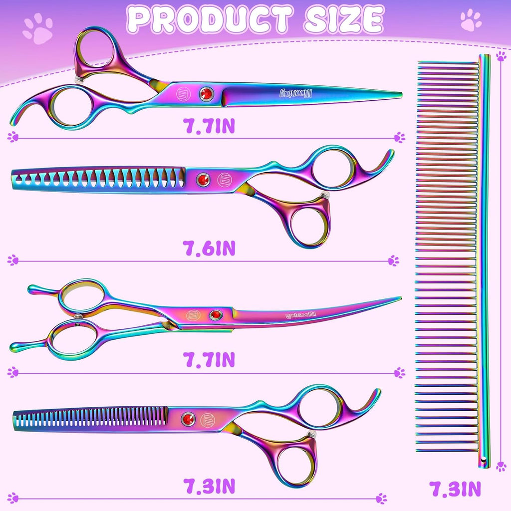 Professional Pet Grooming Scissors Set – 7" & 8" Curved, Thinning & Chunker Shears with Grooming Comb