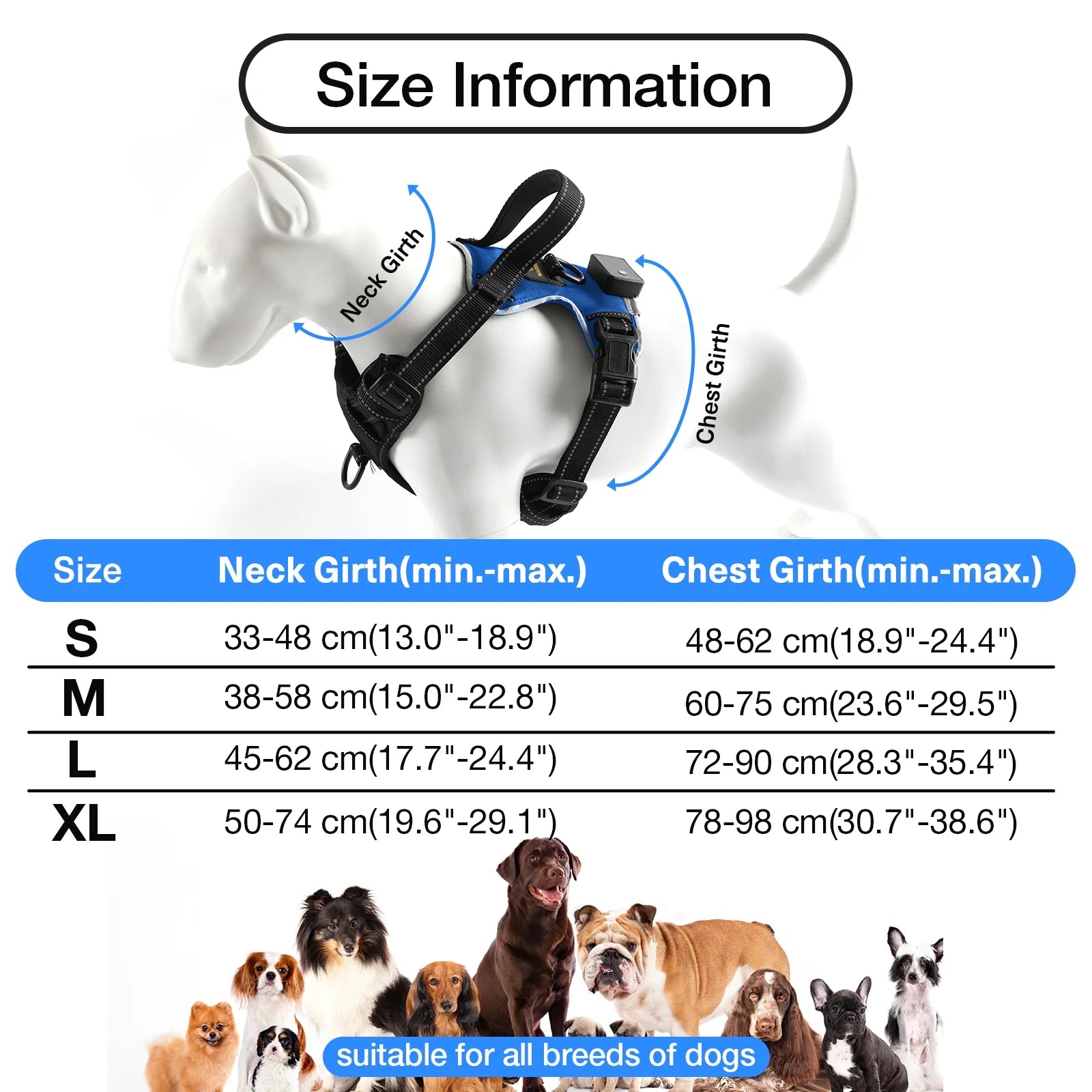 MASBRILL LED Light-Up Dog Harness Blue Large – Rechargeable No-Pull Reflective Harness for Night Walking