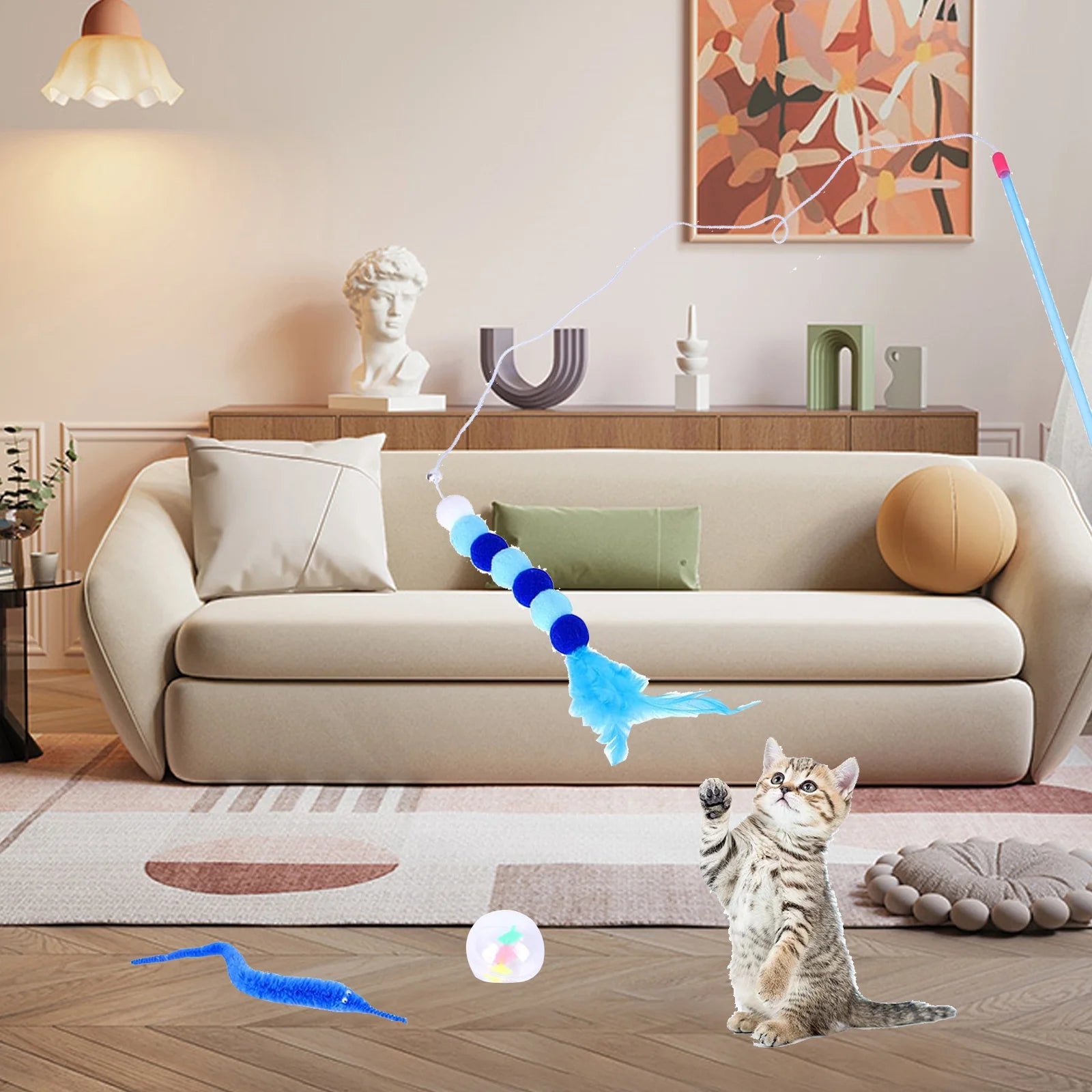 15PCS Cat Toys Kitten Toys Combination Tunnel Interactive Cat Toys- Stick Colorful Mouse Plush Ball 