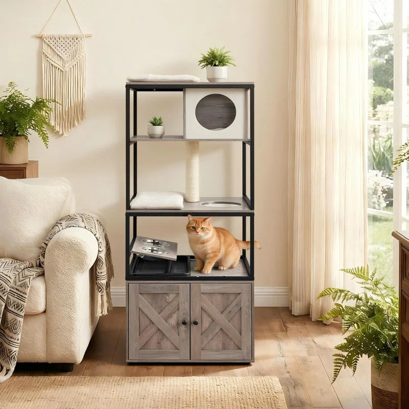 Kimmel 58" Cat Condo with Litter Box Enclosure and Elevated Bowls