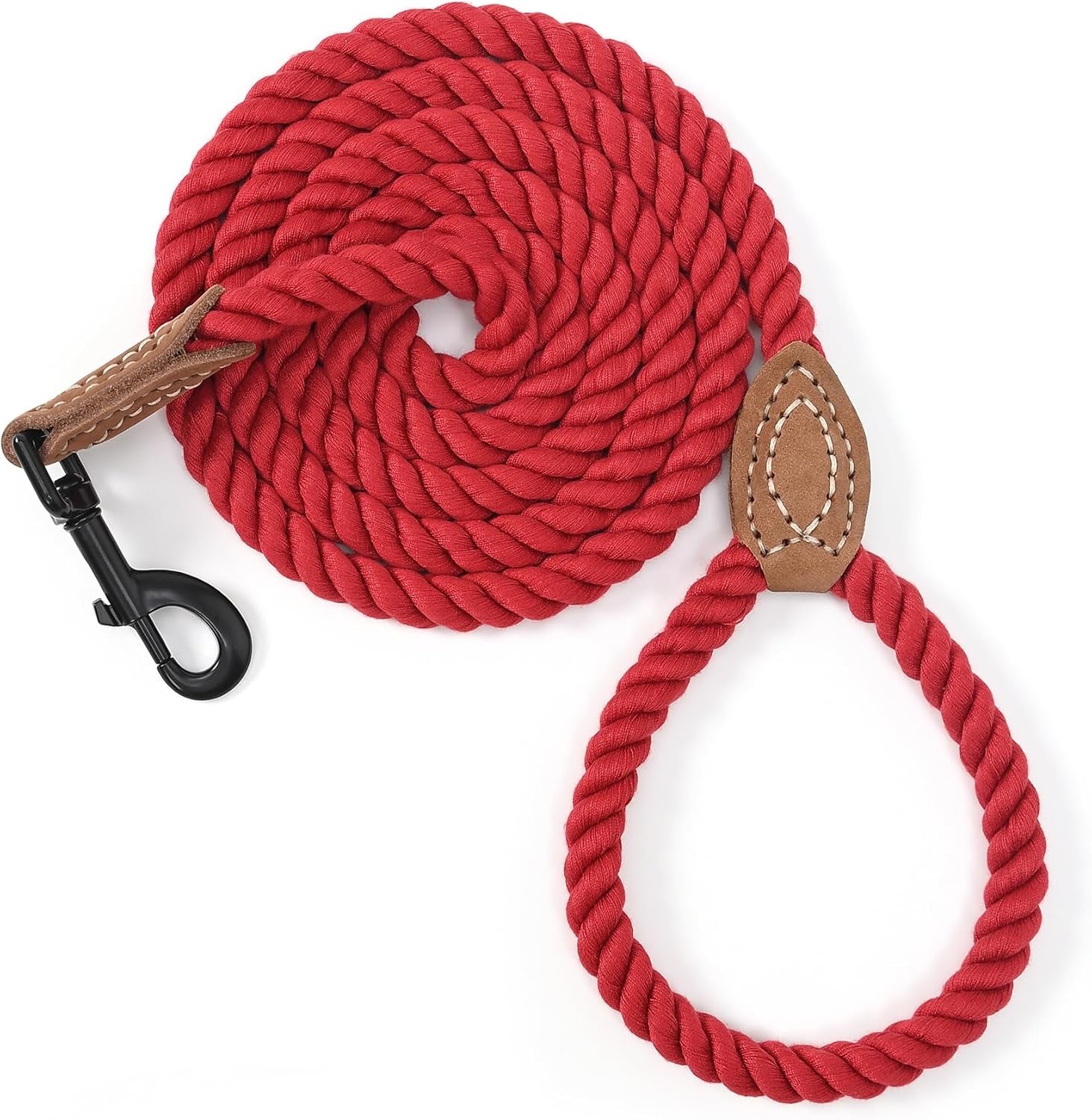 Dog Leash, Braided Cotton Rope Leashes with Leather Tip - Heavy Duty Metal Clasp, 4FT, 1/2" Thick- Dark Brown