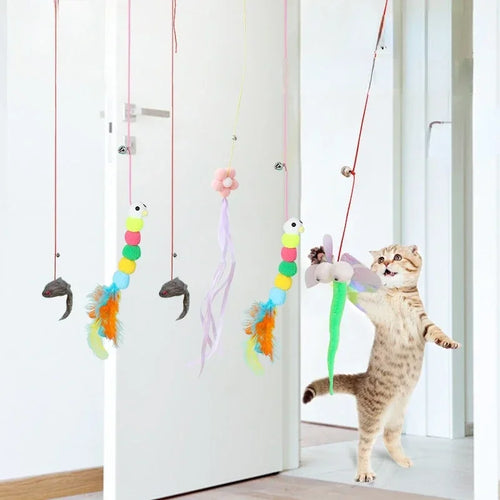 7-Piece Interactive Cat Toy Set – Elastic Hanging Door Teaser Toys with Sticky Disc & Long Rope for Cats and Kittens