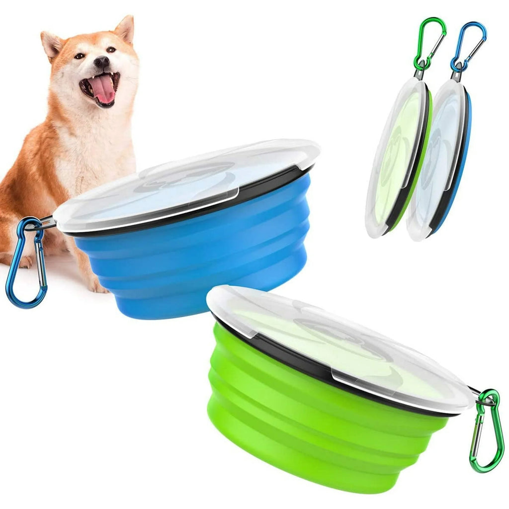 Collapsible Pet Travel Bowls – 2 Pack Silicone Food & Water Bowls with Lids & Carabiners (Blue & Green, 450ml) 🐾🥣💧
