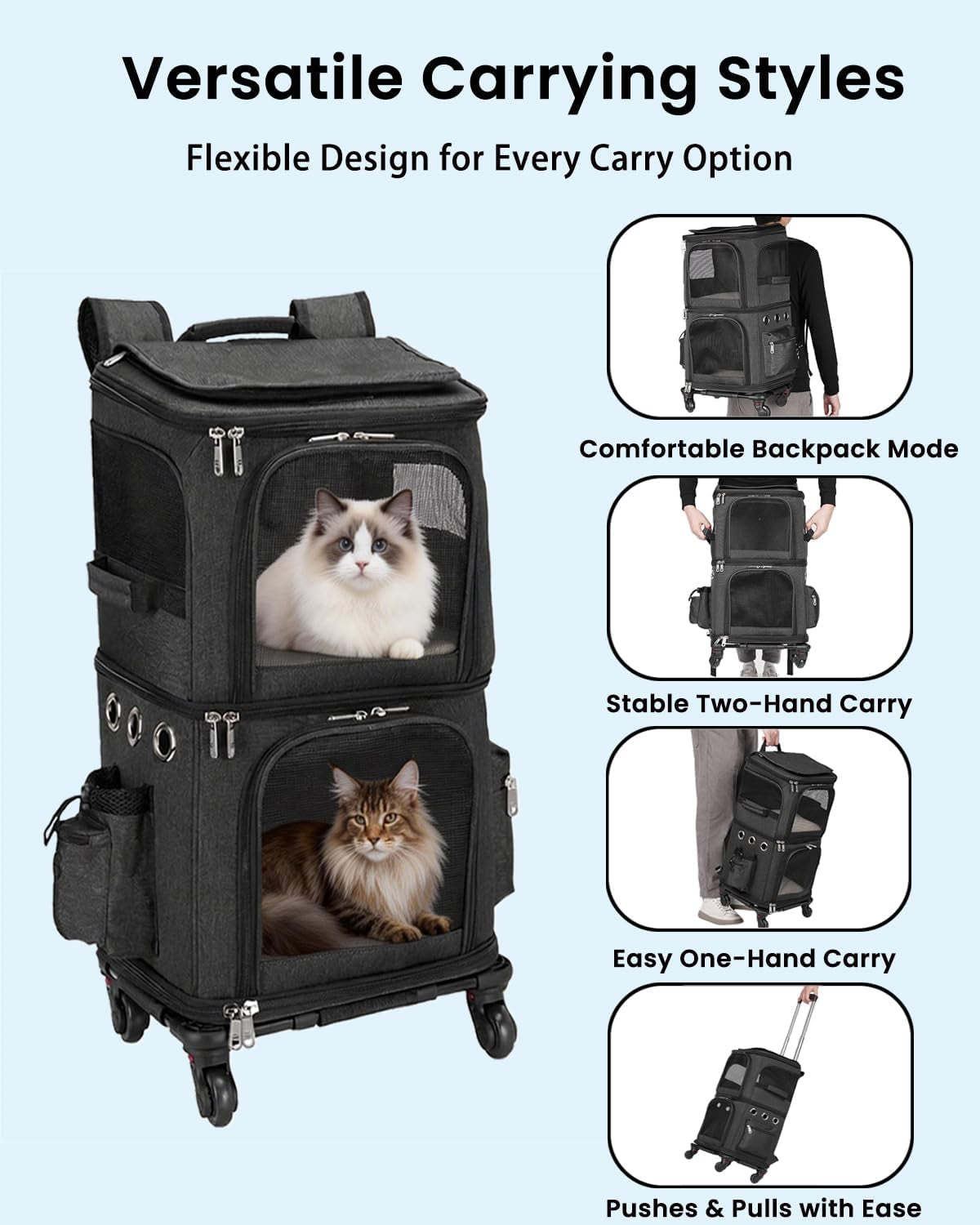 2-in-1 Rolling Pet Carrier Backpack – Double-Compartment Travel Carrier for Cats & Small Dogs