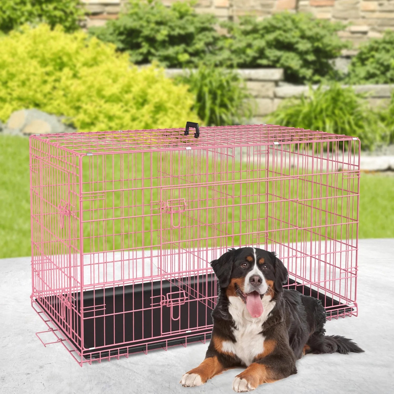 48" Foldable Double-Door Dog Crate – Heavy-Duty Metal Wire Kennel for Large Dogs with Removable Tray (Pink)