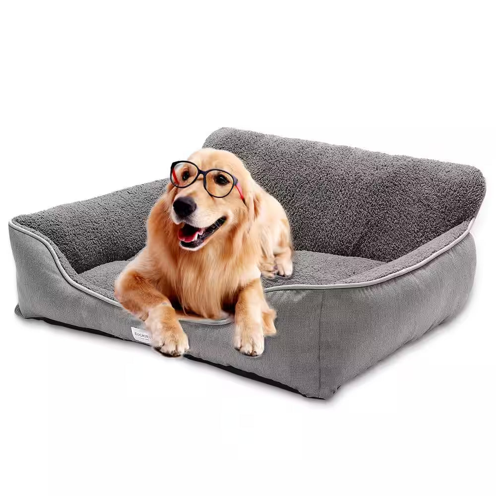 Washable Large Grey Dog Bed with Bolster