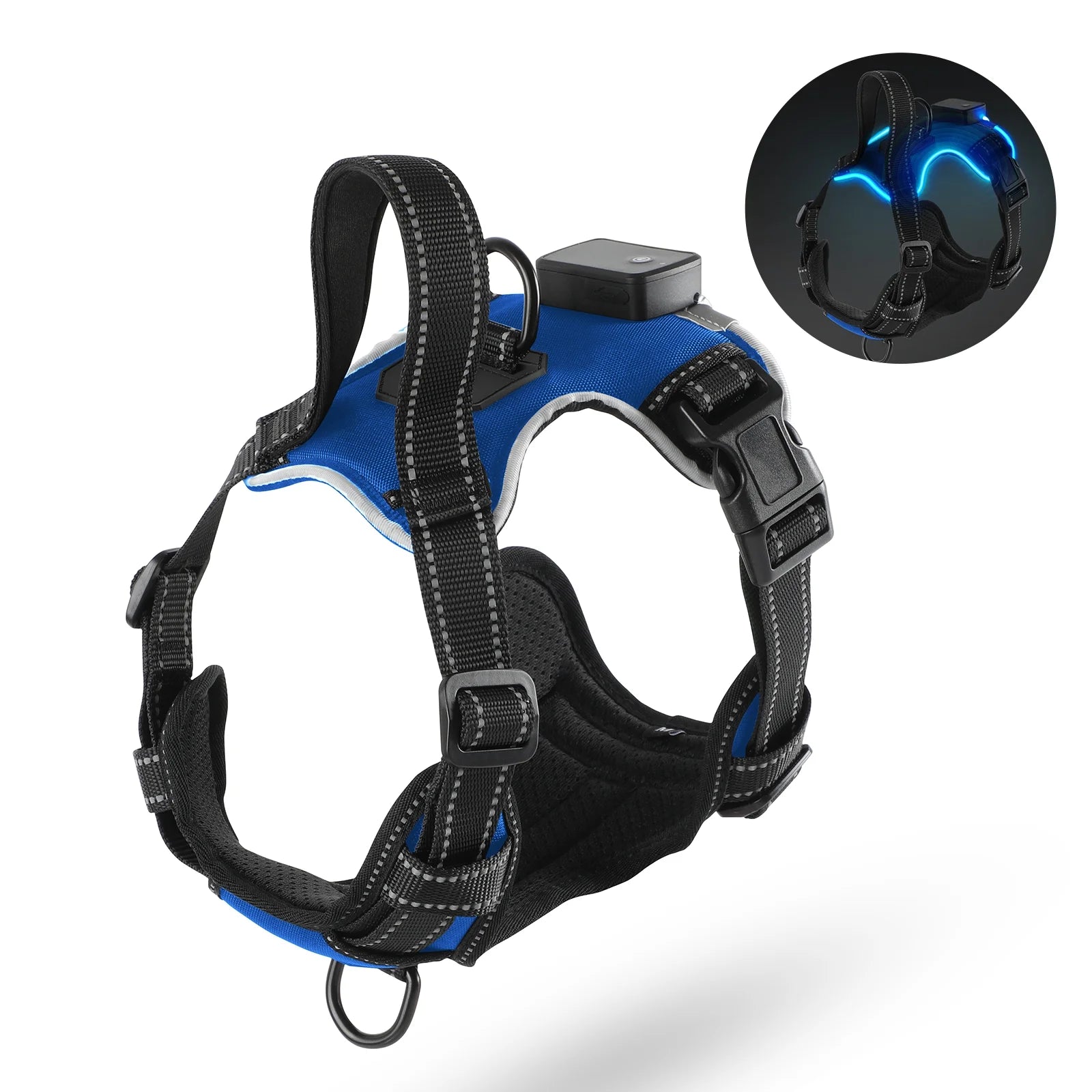 MASBRILL LED Light-Up Dog Harness Blue Large – Rechargeable No-Pull Reflective Harness for Night Walking