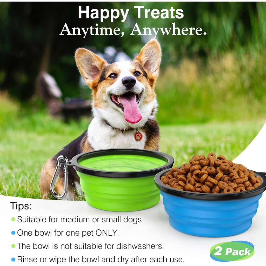 Collapsible Pet Travel Bowls – 2 Pack Silicone Food & Water Bowls with Lids & Carabiners (Blue & Green, 450ml) 🐾🥣💧