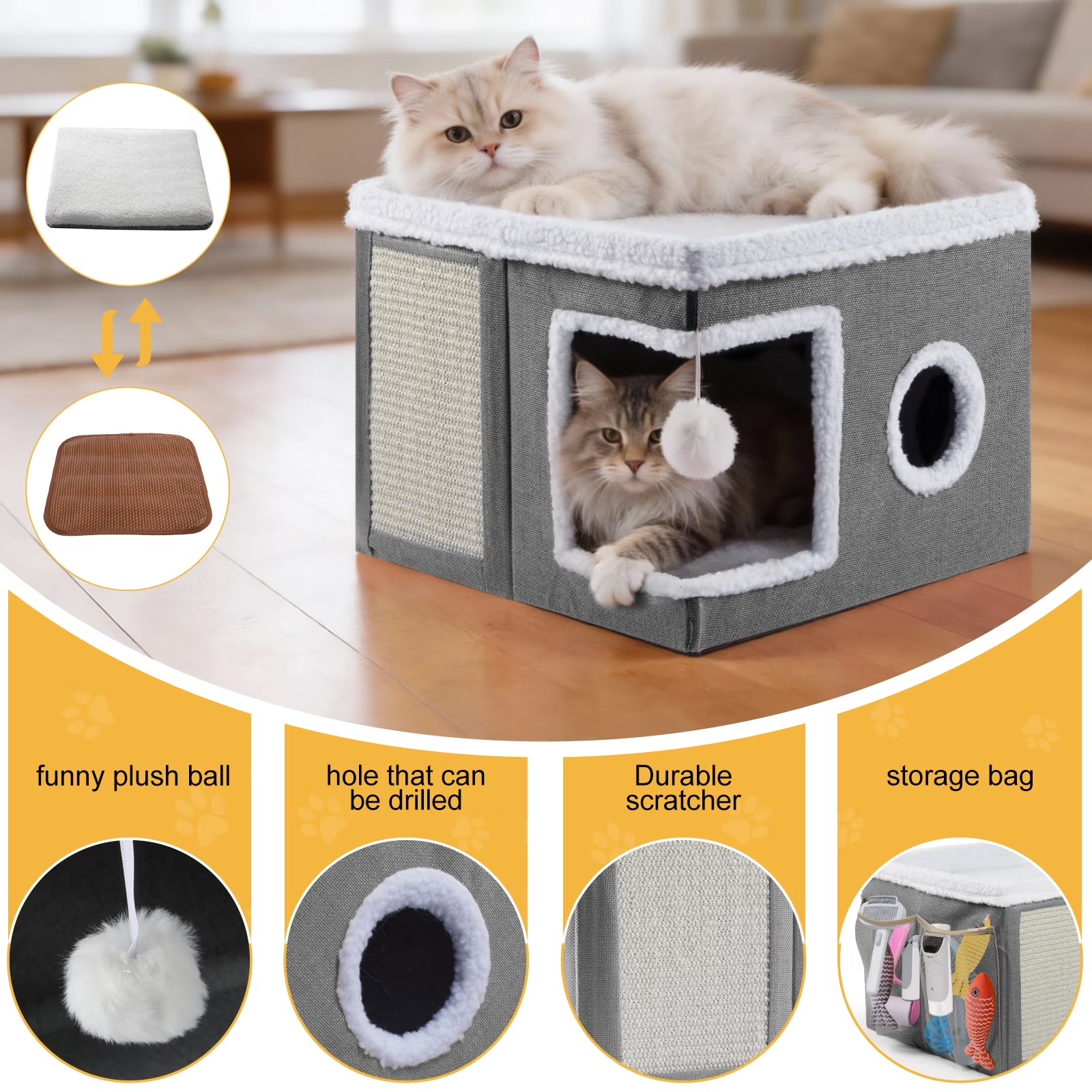 Cat Cube for Indoor Cats with Cooling Mat & Storage Pocket, Foldable Cat House Condo with Scratch Pad and Hanging Ball, Grey