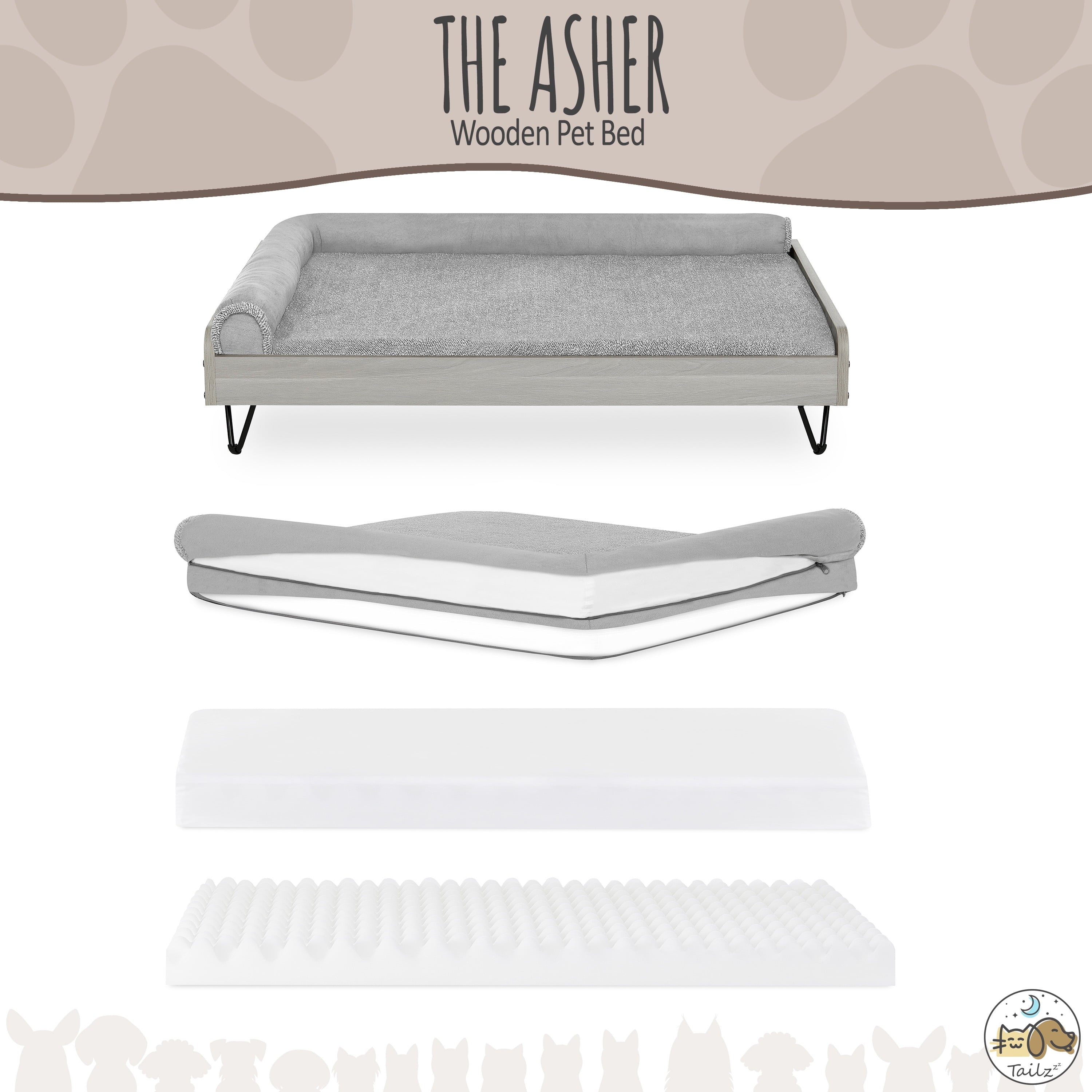 Asher Elevated Wooden Pet Bed with Mattress – Luxury Large & XL Dog Bed | Greenguard Gold Certified Modern Pet Furniture