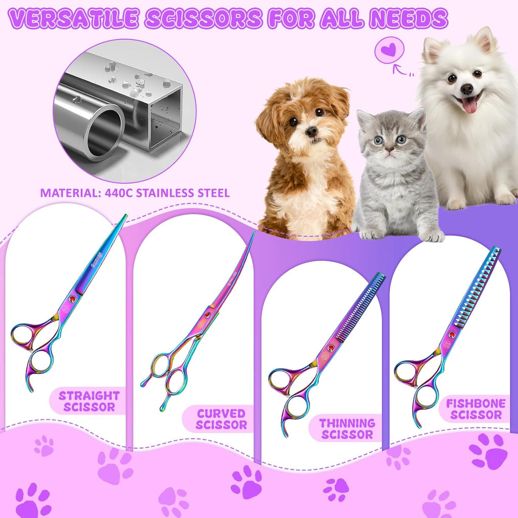 Professional Pet Grooming Scissors Set – 7" & 8" Curved, Thinning & Chunker Shears with Grooming Comb