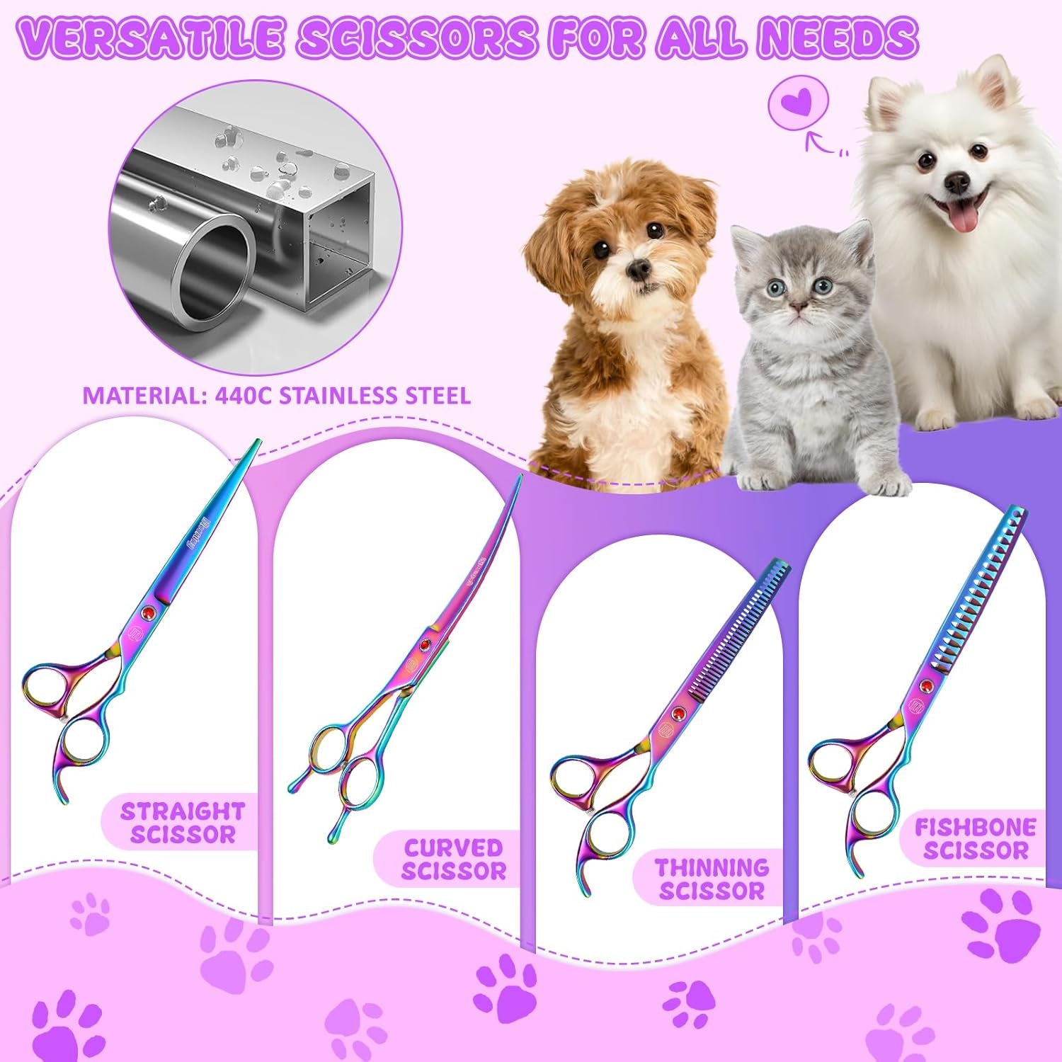 Professional Pet Grooming Scissors Set – 7" & 8" Curved, Thinning & Chunker Shears with Grooming Comb