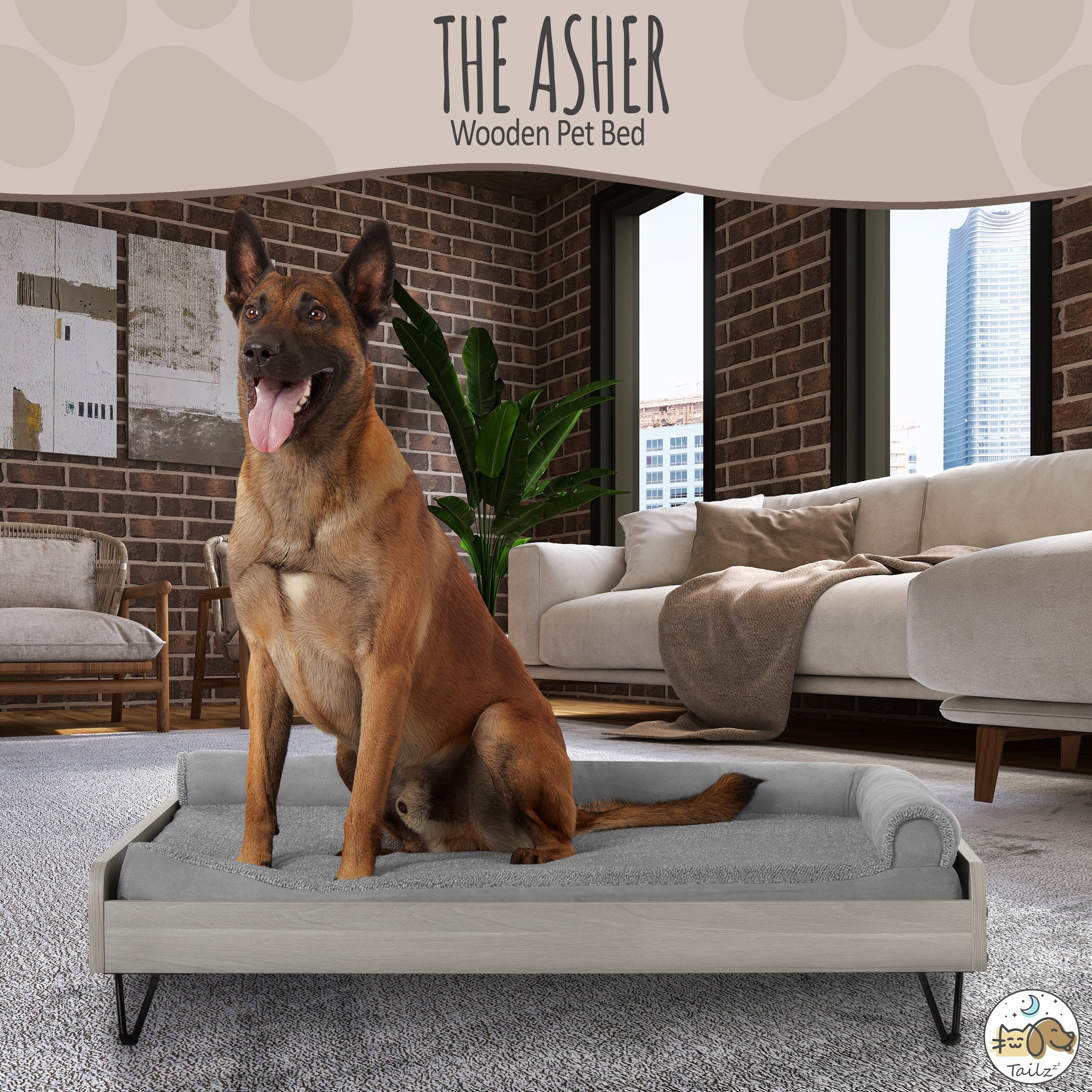 Asher Elevated Wooden Pet Bed with Mattress – Luxury Large & XL Dog Bed | Greenguard Gold Certified Modern Pet Furniture