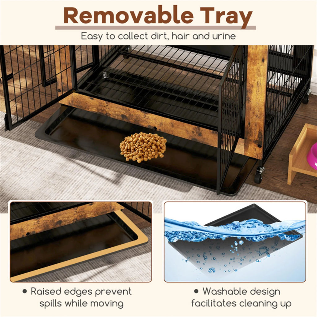 35" Dog Crate Rustic Style Furniture Dog Cage Crate with Double Doors and Lift Top Heavy-Duty Kennel, Brown