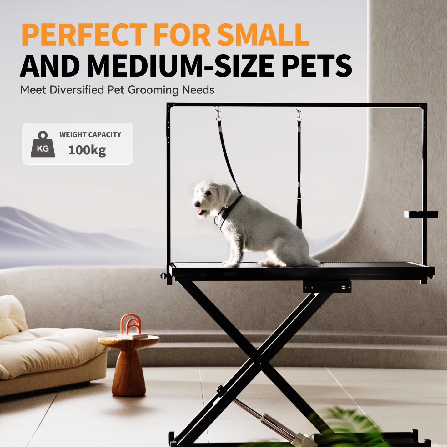Heavy-Duty Electric Lift Dog Grooming Table with Leveling Wheels & Non-Slip Surface – Black