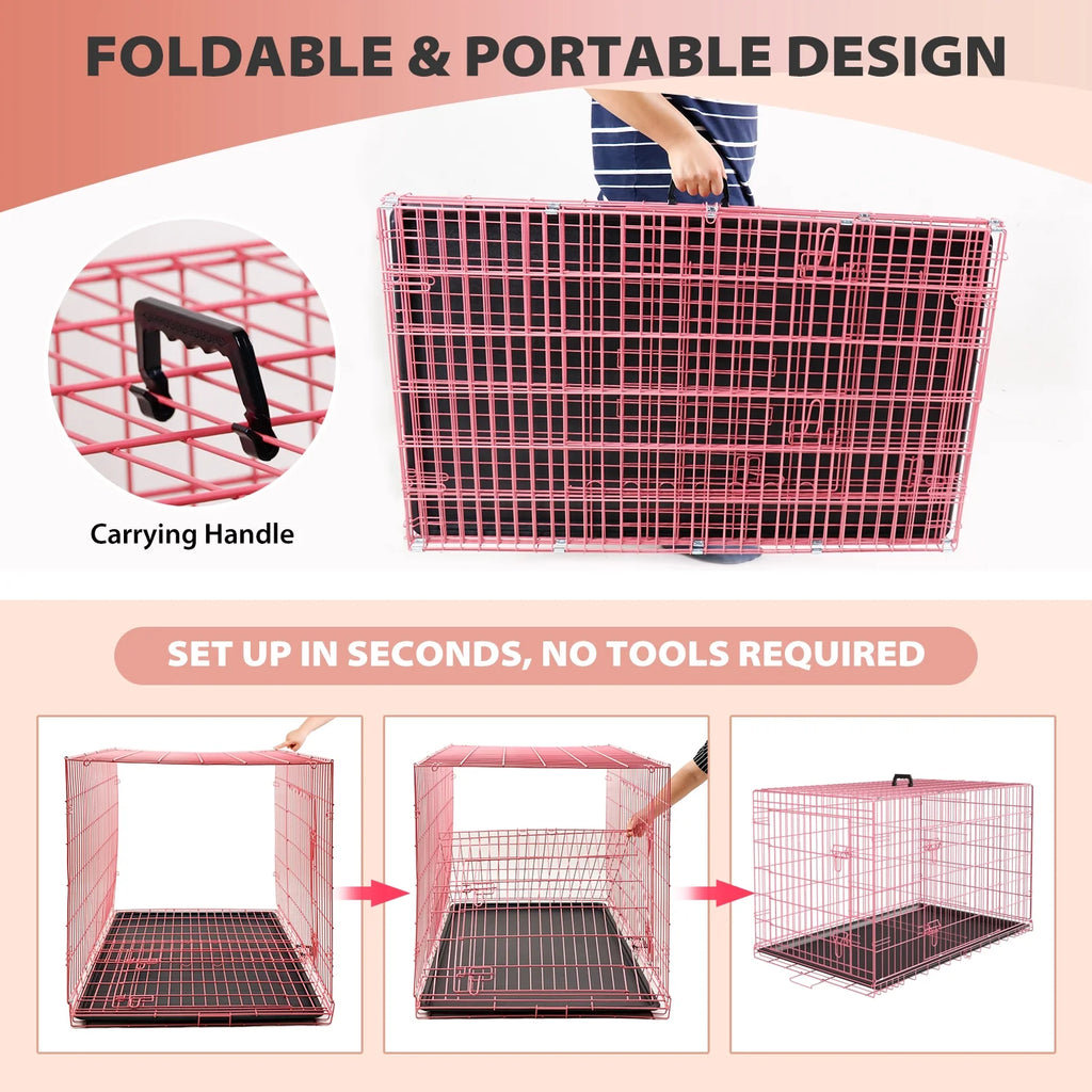 48" Foldable Double-Door Dog Crate – Heavy-Duty Metal Wire Kennel for Large Dogs with Removable Tray (Pink)