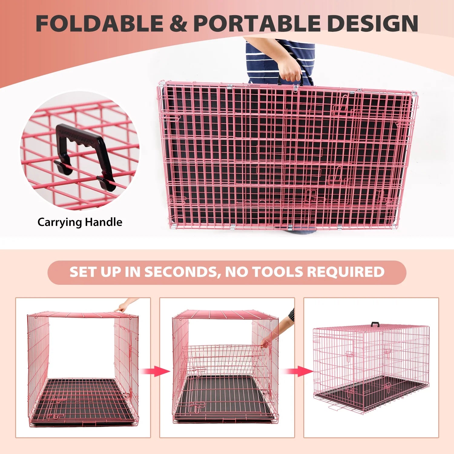 48" Foldable Double-Door Dog Crate – Heavy-Duty Metal Wire Kennel for Large Dogs with Removable Tray (Pink)