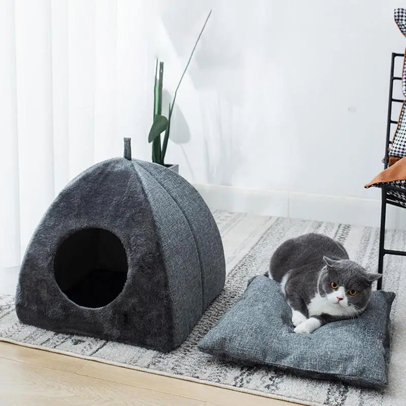 Cozy Cat & Dog Cave Bed – Warm Foldable Pet House with Washable Fluffy Cushion | Soft Indoor Tent Bed for Cats & Small Dogs