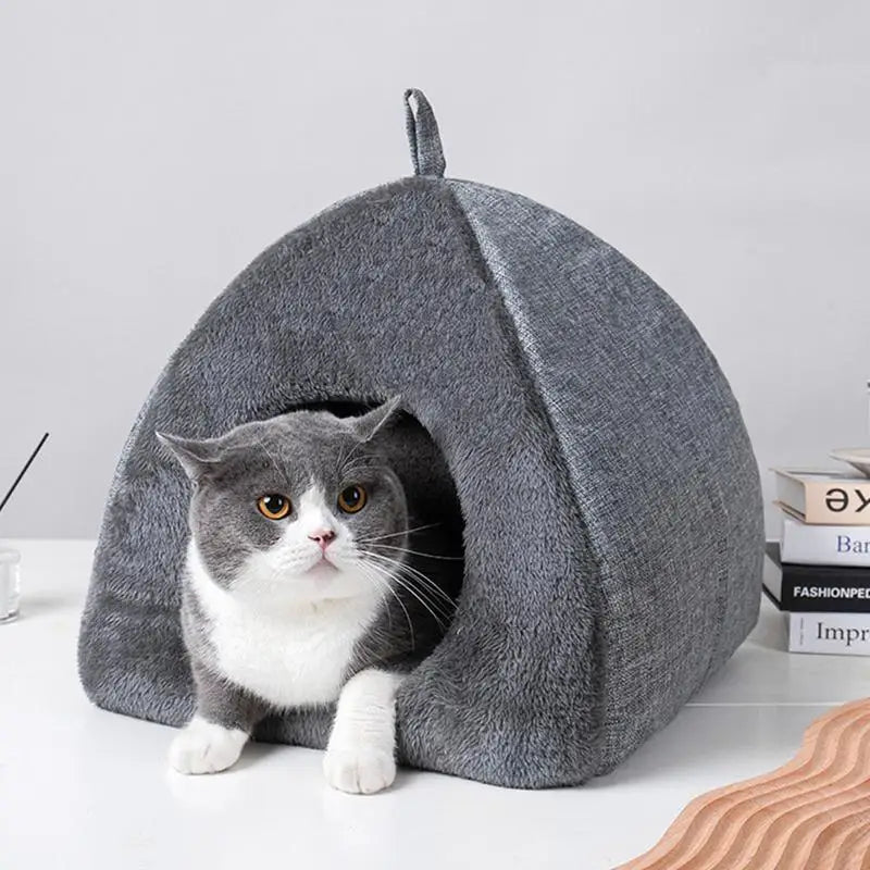 Cozy Cat & Dog Cave Bed – Warm Foldable Pet House with Washable Fluffy Cushion | Soft Indoor Tent Bed for Cats & Small Dogs