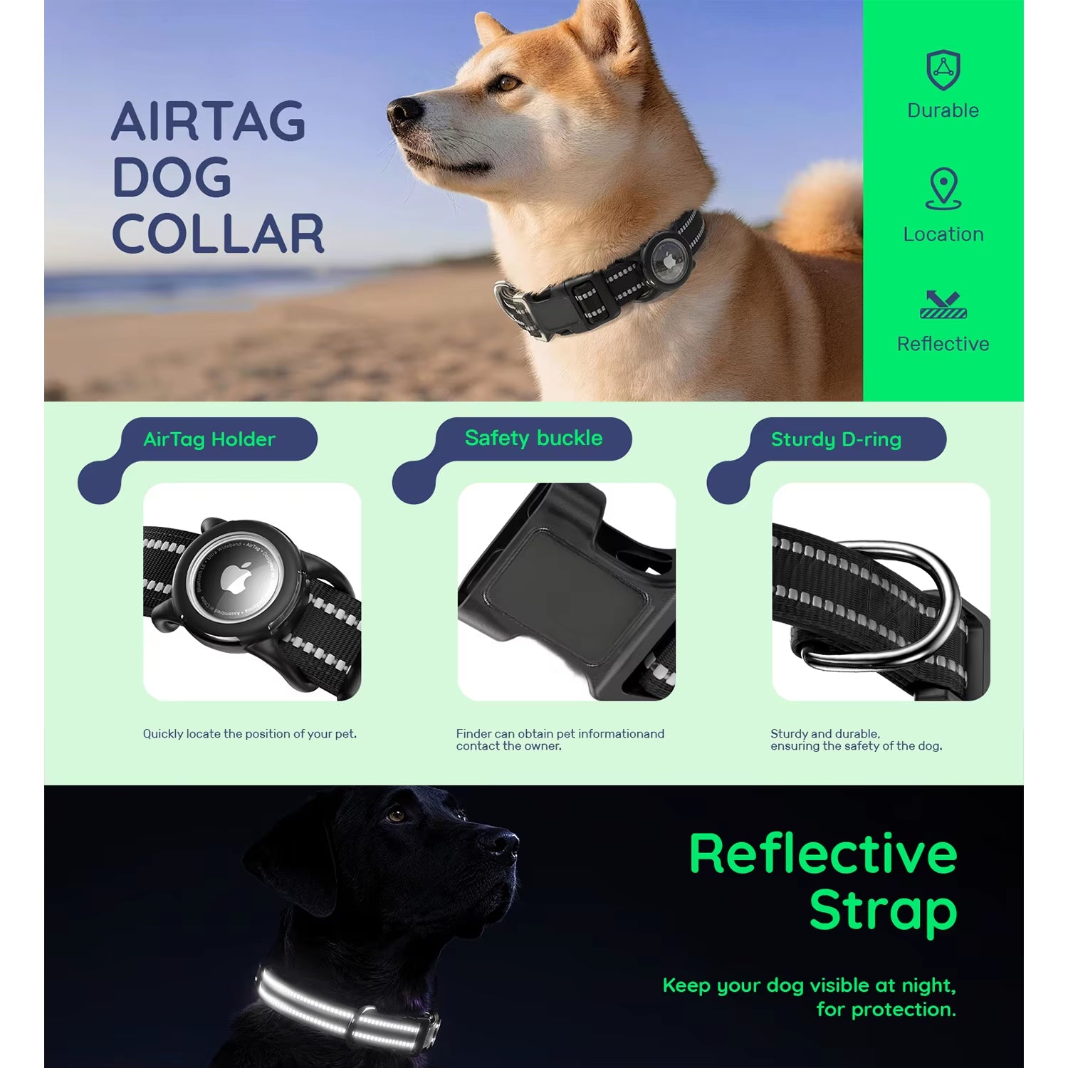 Waterproof Air Tag Dog Collar with Airtag Holder, Reflective Soft Padded & Safety Buckle