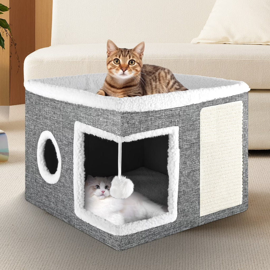 Cat Cube for Indoor Cats with Cooling Mat & Storage Pocket, Foldable Cat House Condo with Scratch Pad and Hanging Ball, Grey