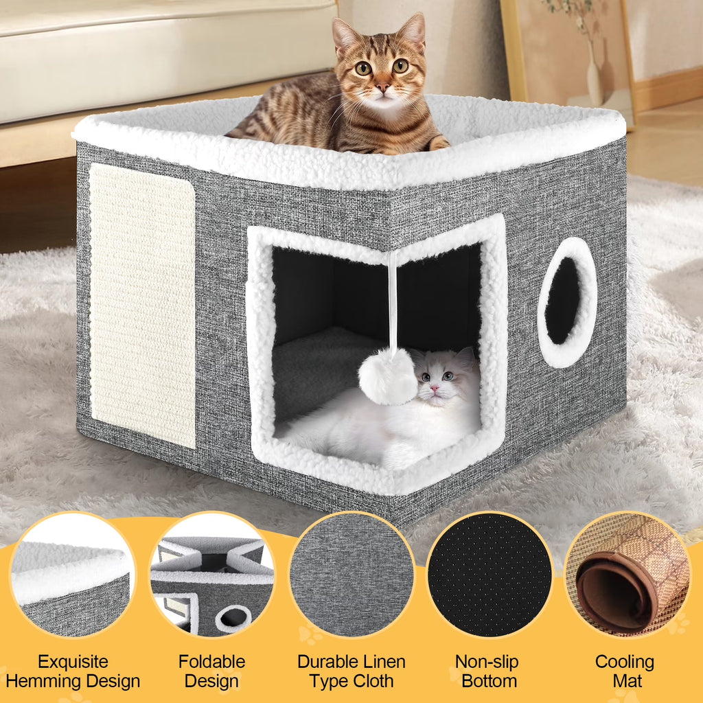 Cat Cube for Indoor Cats with Cooling Mat & Storage Pocket, Foldable Cat House Condo with Scratch Pad and Hanging Ball, Grey