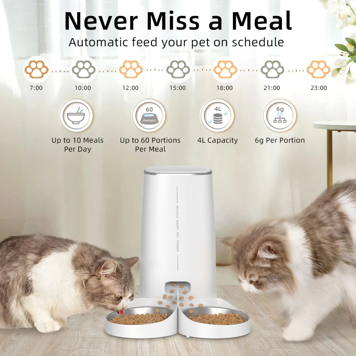 ROJECO Smart Automatic Pet Feeder – WiFi Remote-Control Food Dispenser for Cats & Dogs