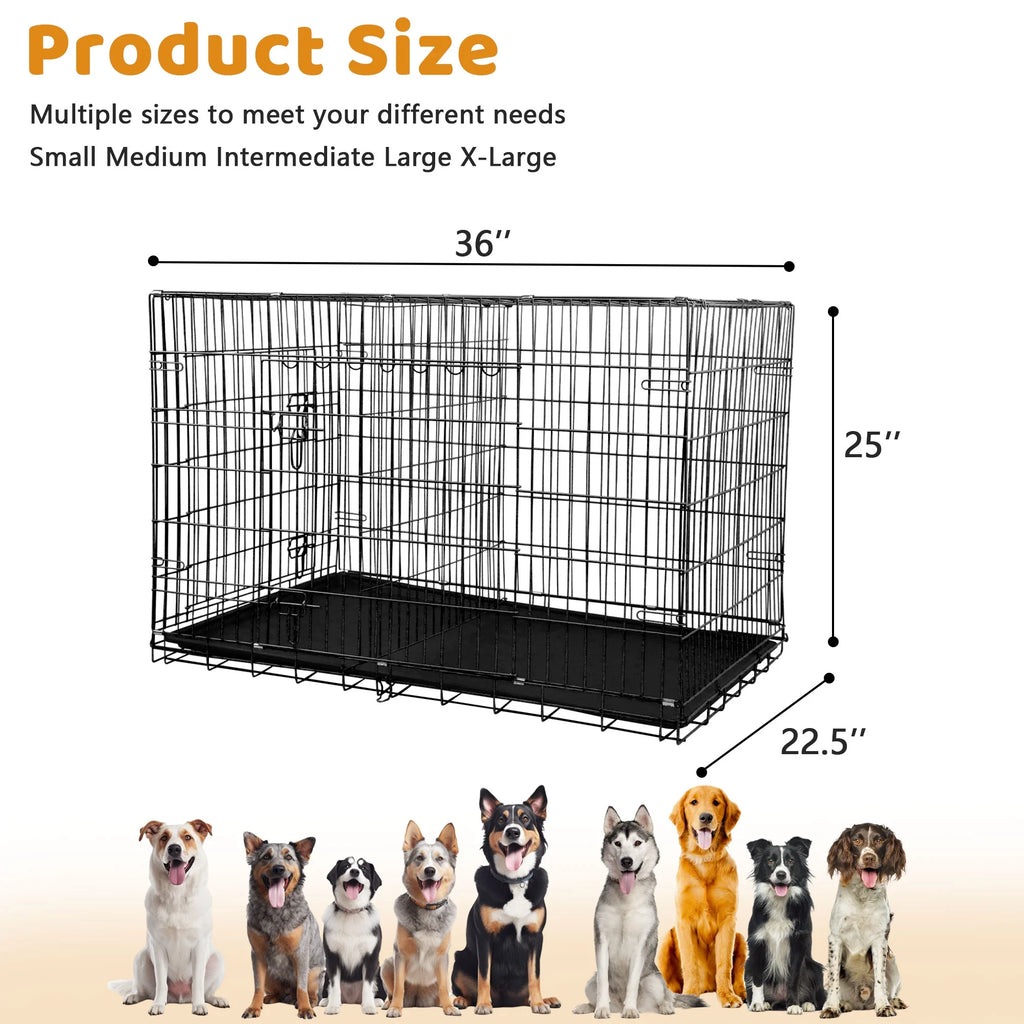 36" Foldable Double-Door Dog Crate – Heavy-Duty Metal Kennel with Removable Tray for Medium Dogs (Black
