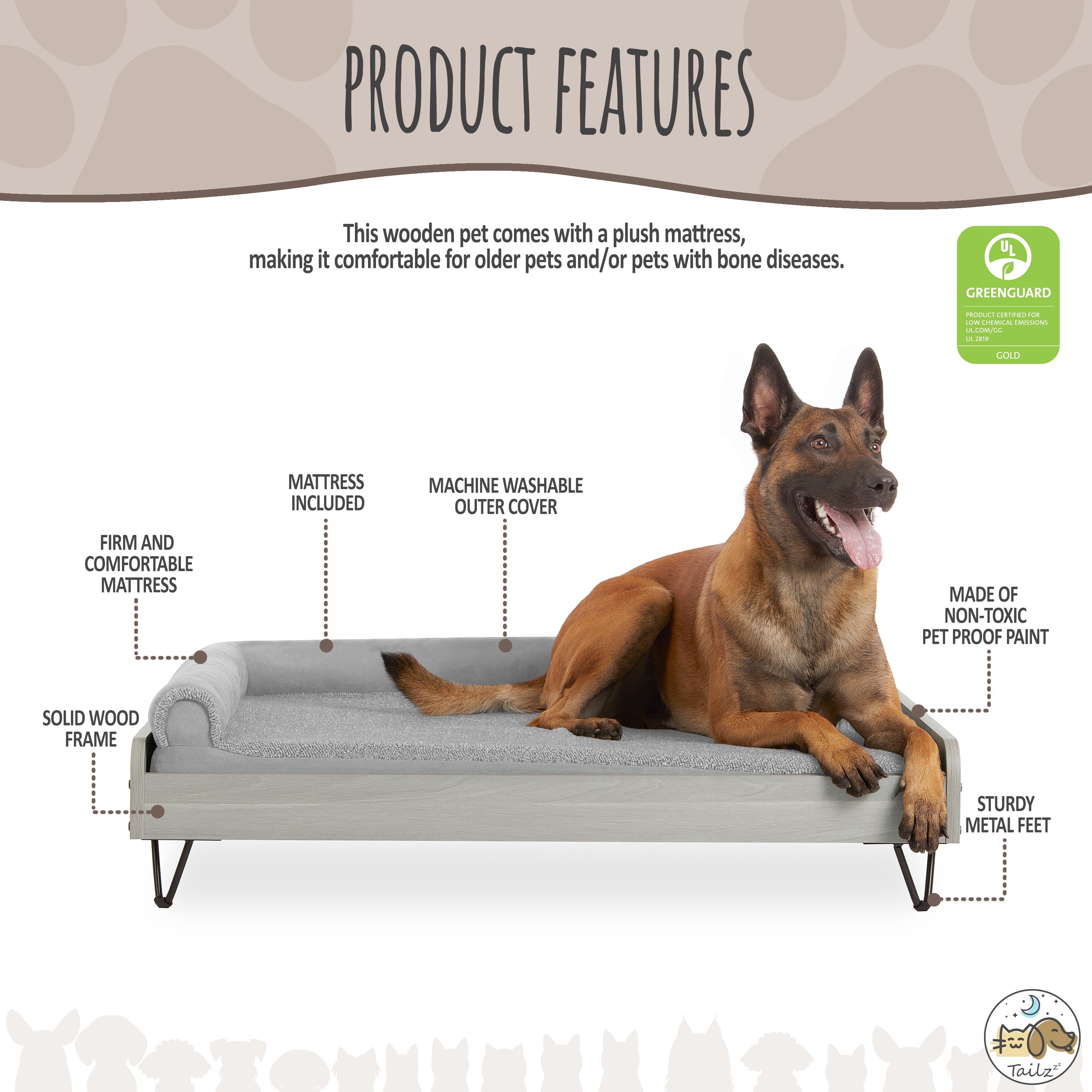 Asher Elevated Wooden Pet Bed with Mattress – Luxury Large & XL Dog Bed | Greenguard Gold Certified Modern Pet Furniture