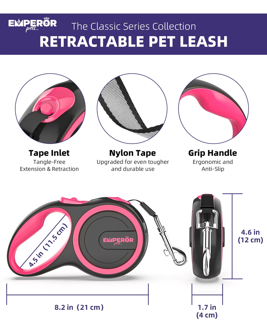 16 Ft Retractable Dog Leash Large Dogs - up to 110Lbs, Large Dog Leash Heavy Duty Dog Leash Retractable 16 Ft - Pink 
